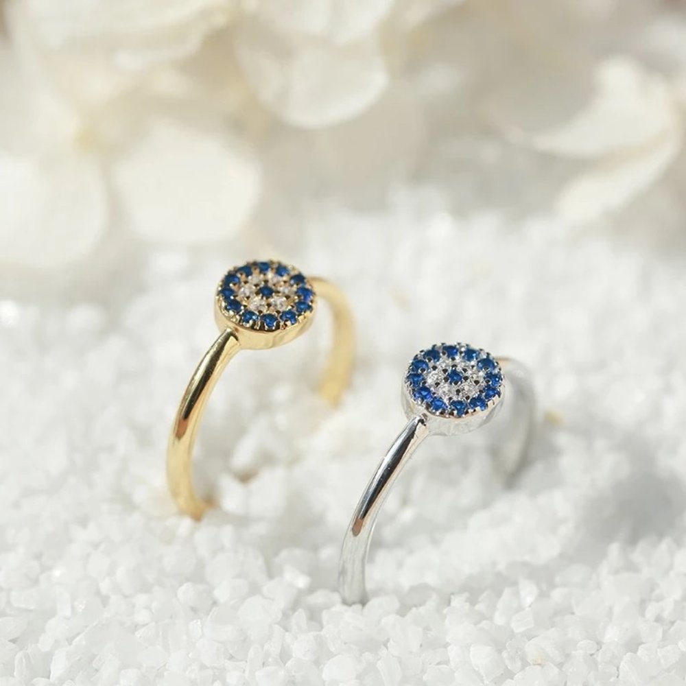 14k Gold Sapphire Diamonds Blue Eye Ring Sterling Silver - Picture 2 of 9